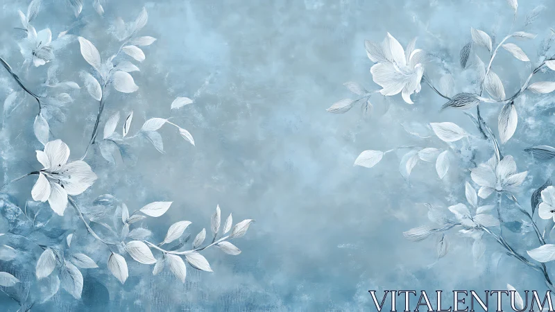 Ethereal White Blossoms Frame Serene Blue Abstract Backdrop.