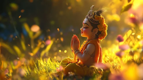 Golden evening prayer surrounds a serene child deity