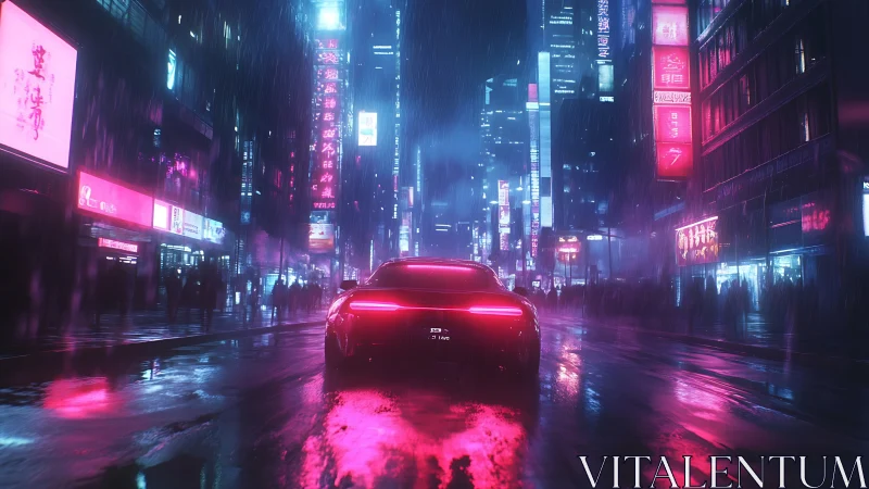 Futuristic sports car drives through neon city street at night