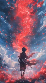 Samurai wanderer beneath blazing crimson sky vortex.