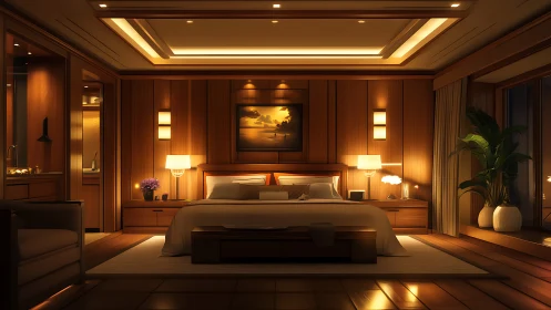 Luxury hotel bedroom shows warm wood paneling and soft lighting