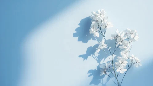 White Flowers Against Blue Sky. Backlit botanical study casting dramatic shadows.