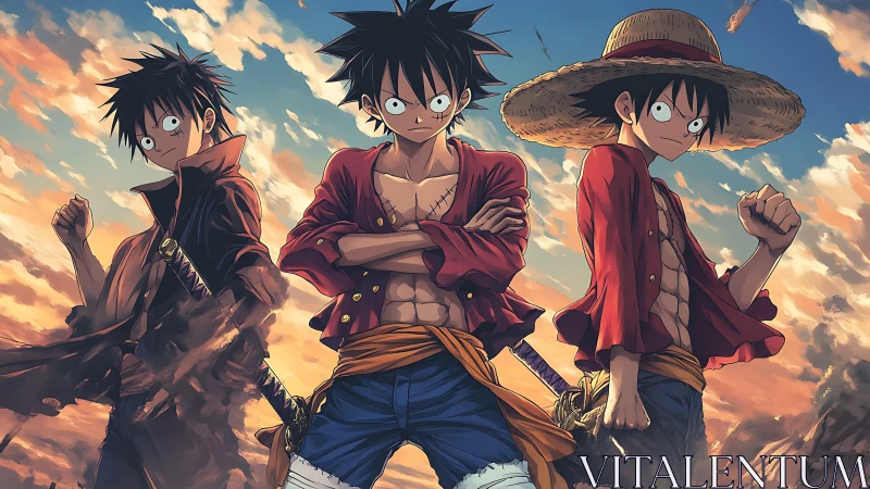 Triple anime swordsmen under dramatic sunset sky panorama