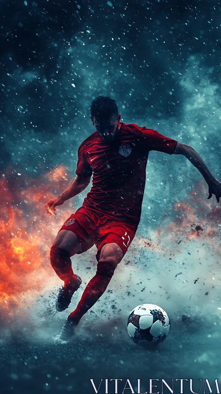 Kinetic soccer striker in pyroclastic storm lighting field.