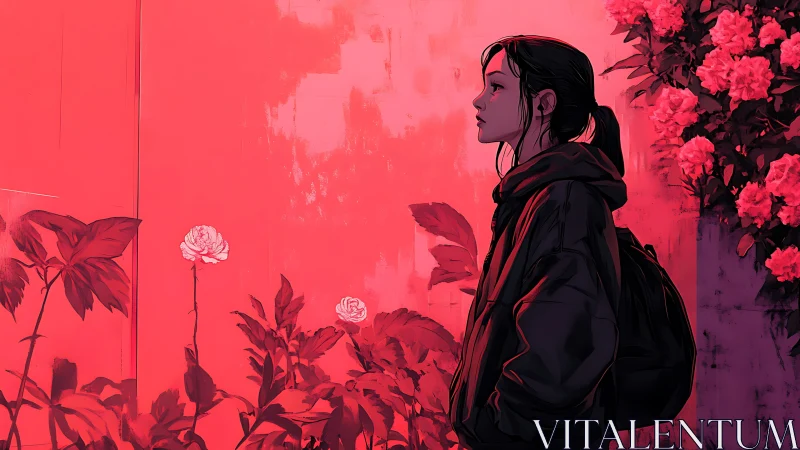 Solitary stroll beside neon roses in evening stillness.