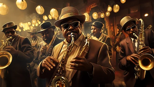 Cinematic jazz brass ensemble in warm club lighting composition.