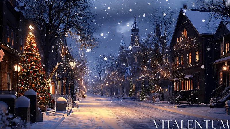 Snow-covered street scene uses warm point lights and festive decor