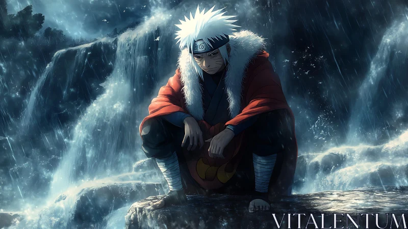 Stormlit ninja’s quiet pause beside the roaring falls.