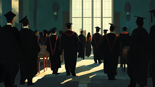 Digital painting of graduates in sunlit ceremonial hall.