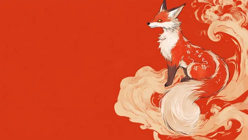 Mythic fox spirit sits amid swirling pale smoke