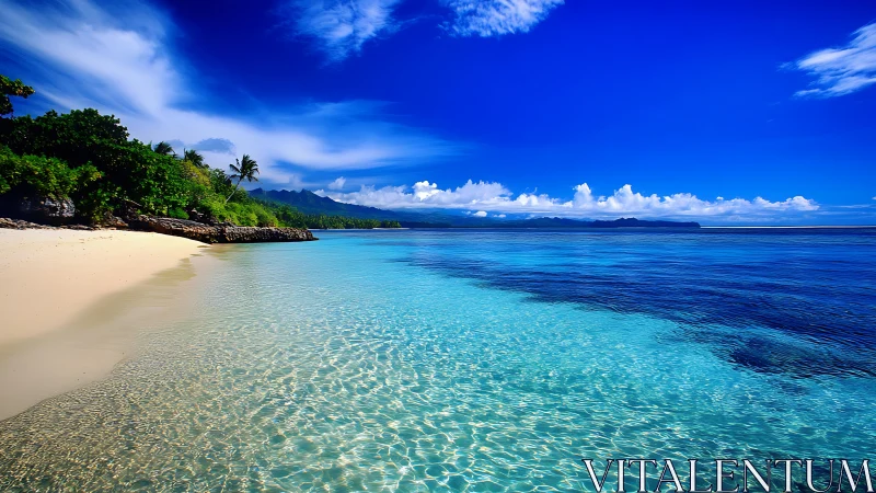 Tropical Lagoon with White Sandy Beach and Mountain Coastline. Clear