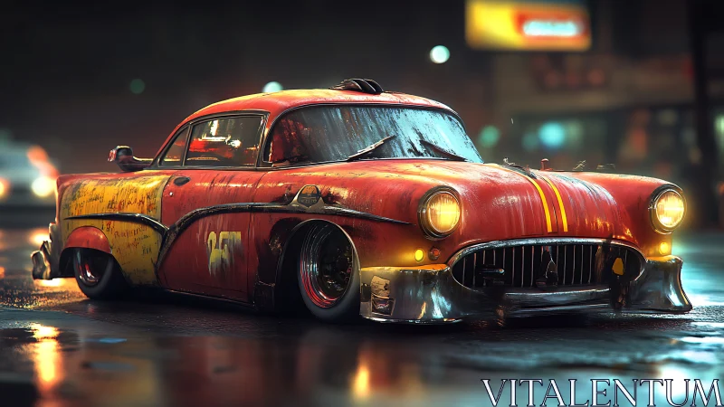 Rusty modified classic car sits low on wet city street