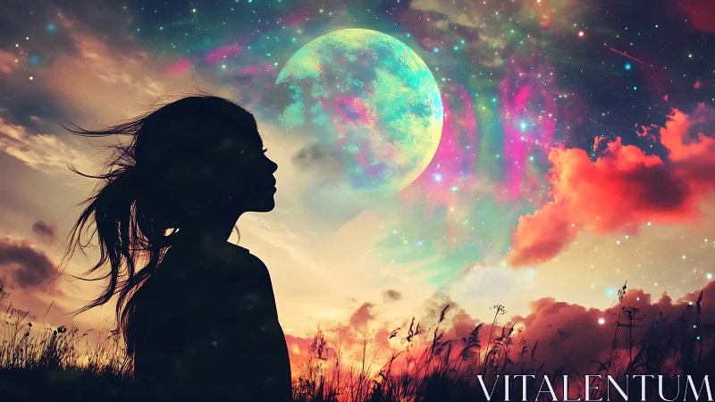 Girl silhouette under vivid cosmic sky and large moon.