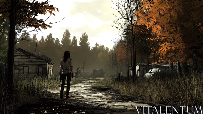 Lone survivor walks through abandoned autumn trailer park