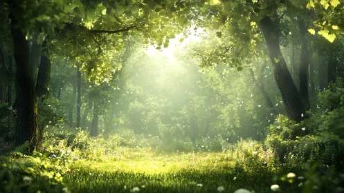 Sunlit Forest Clearing with Lush Greenery in Dreamy Style.