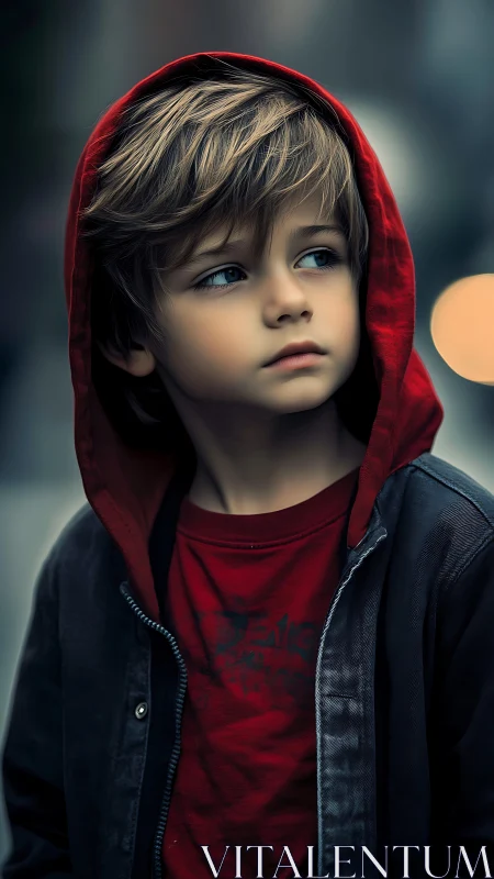 Young Boy in Red Hood Against Urban Backdrop.