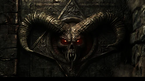 3D demonic skull relief with pentagram and curved ram horns.