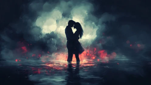 Silhouetted couple kissing amidst atmospheric volumetric lighting and ember glow