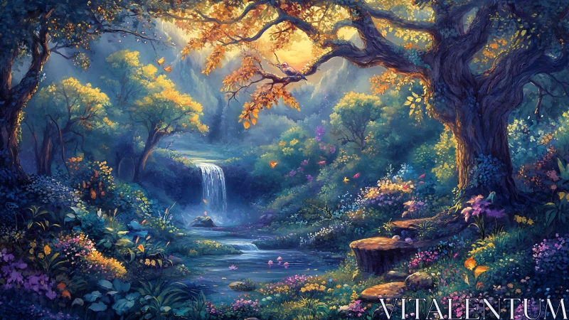 Enchanted forest landscape with waterfall and flowering vegetation.