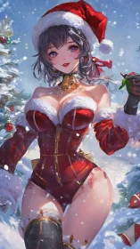 Santa-costumed anime girl poses in bright snowy landscape