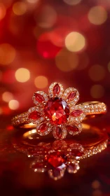 Floral ruby ring sparkles against glowing bokeh backdrop.