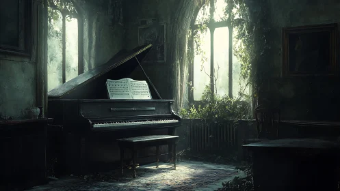 Decaying conservatory piano under volumetric ivy-filtered daylight.