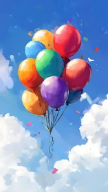 Colorful Balloons Floating Against Blue Sky with Clouds.