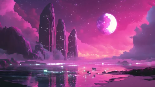 Luminous magenta seascape frames fractured moonlit monoliths