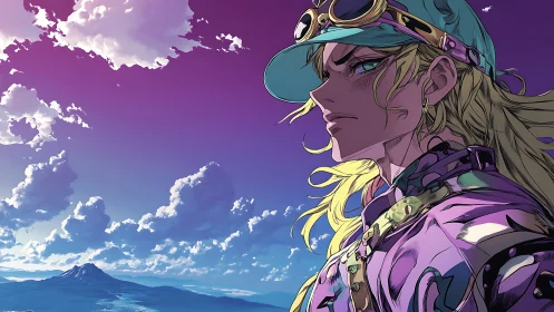 Determined anime rider under vivid purple sky. Period.