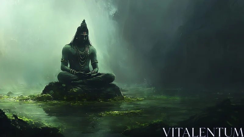 Forest mist curls around the silent meditating stone sage