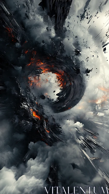 Swirling volcanic vortex amid fractured storm clouds.