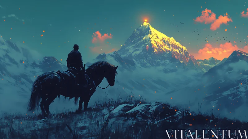 Lone rider halts before a burning crowned mountain dreamscape.