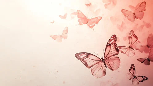 Soft Pink Butterflies in Flight on Minimal Pastel Background.