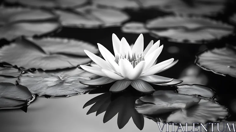 Monochrome waterlily macro with mirrored surface reflection.