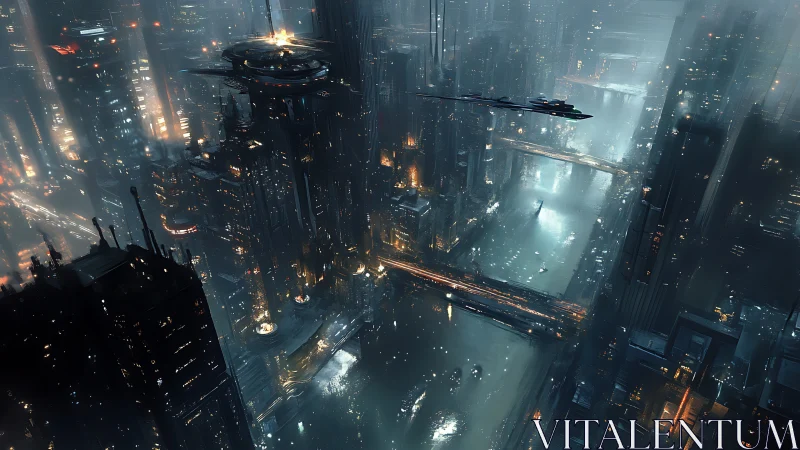 Midnight rivers weaving through a neon-soaked future city.