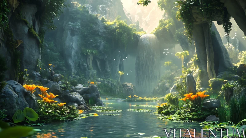 Sunlit enchanted lagoon with glowing flowers and waterfall.