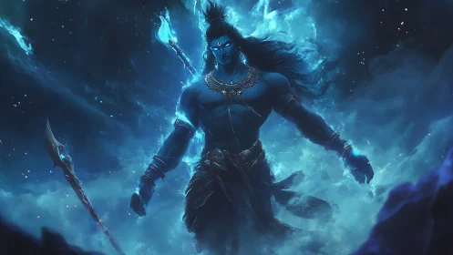 Mythic blue warrior deity amid luminous astral stormscape