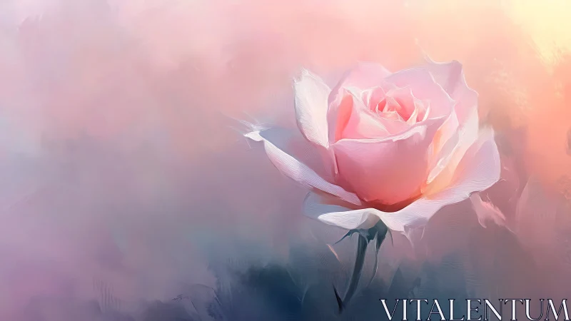 Soft pink rose glows against luminous pastel mist