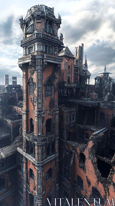 Crumbled neo-gothic tower dominates ruined brick complex.