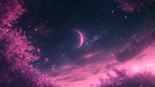 Crescent moon over luminous pink cherry blossom night sky.
