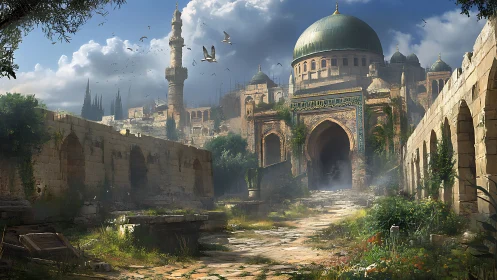 Sunlit domed palace welcomes travelers along a quiet path