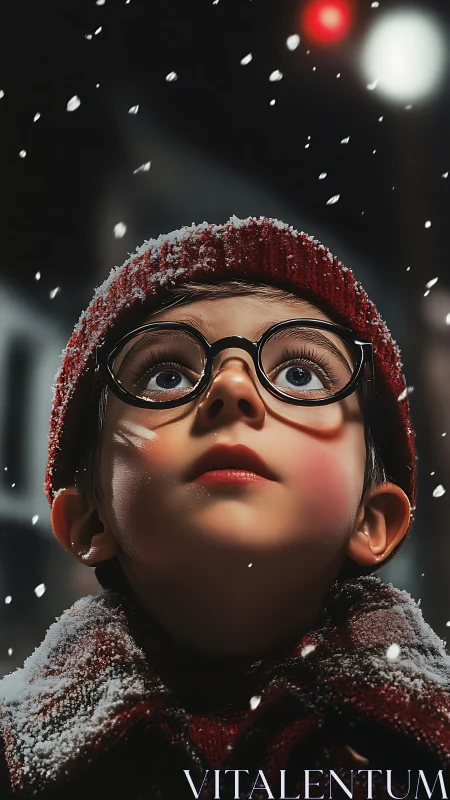 Snowlit wonder kid under city lights, eyes full of starlight.