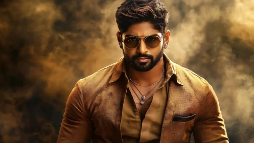 Cinematic portrait of stylish bearded man in golden smoke haze