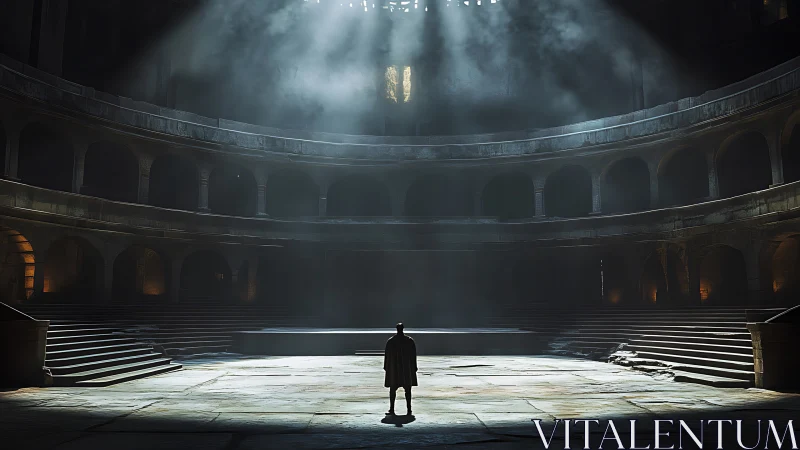 Solitary figure bathed in light within a vast stone hall.