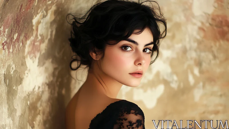 Portrait of young woman in lace before textured wall.