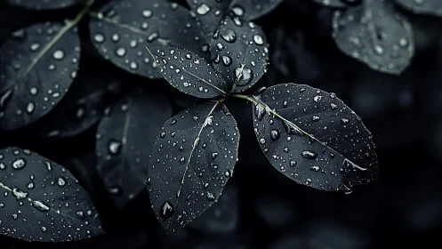 Dark botanical leaves with rain droplets in macro focus.