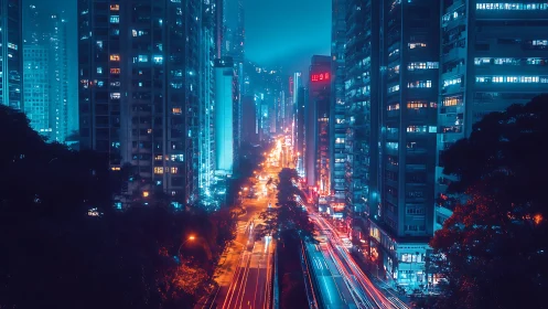 Neon-soaked highrise canyon over motion-blurred city traffic.