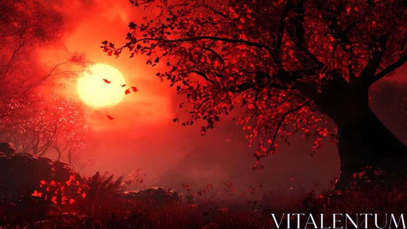 Crimson forest sunset beneath a silhouetted autumn tree.