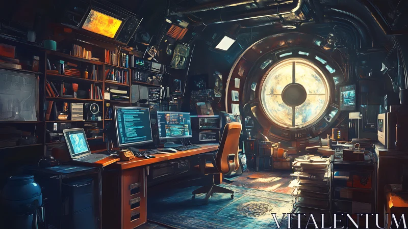 Cyberpunk orbital coder&rsquo;s workstation with panoramic porthole