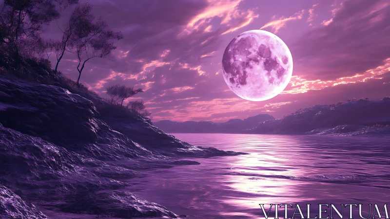 Luminous magenta moon illuminates rocky shoreline and reflective sea